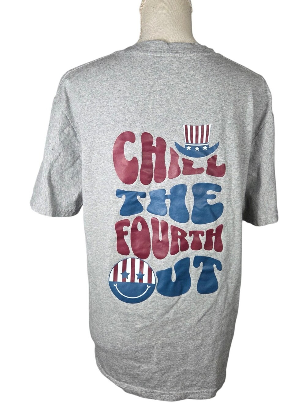 4th Of July T-Shirt Womens Large -Gray -Short Sleeve -Vinyl Print -Happy Face